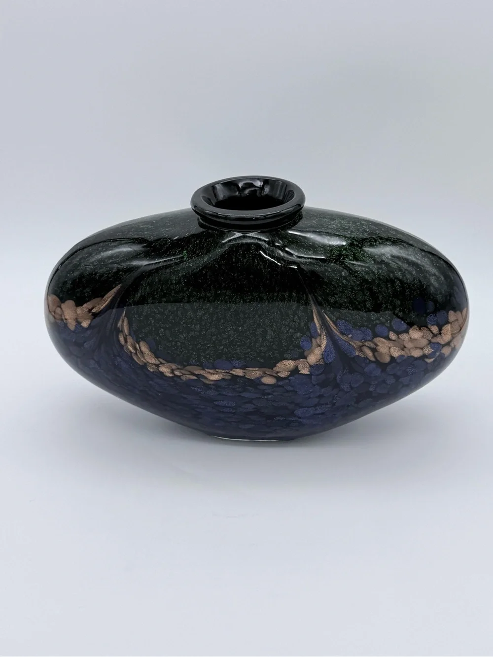 Dale Tiffany Style Heavy Squat Vase Mouth Blown Colorful Peacock Gold Accent
